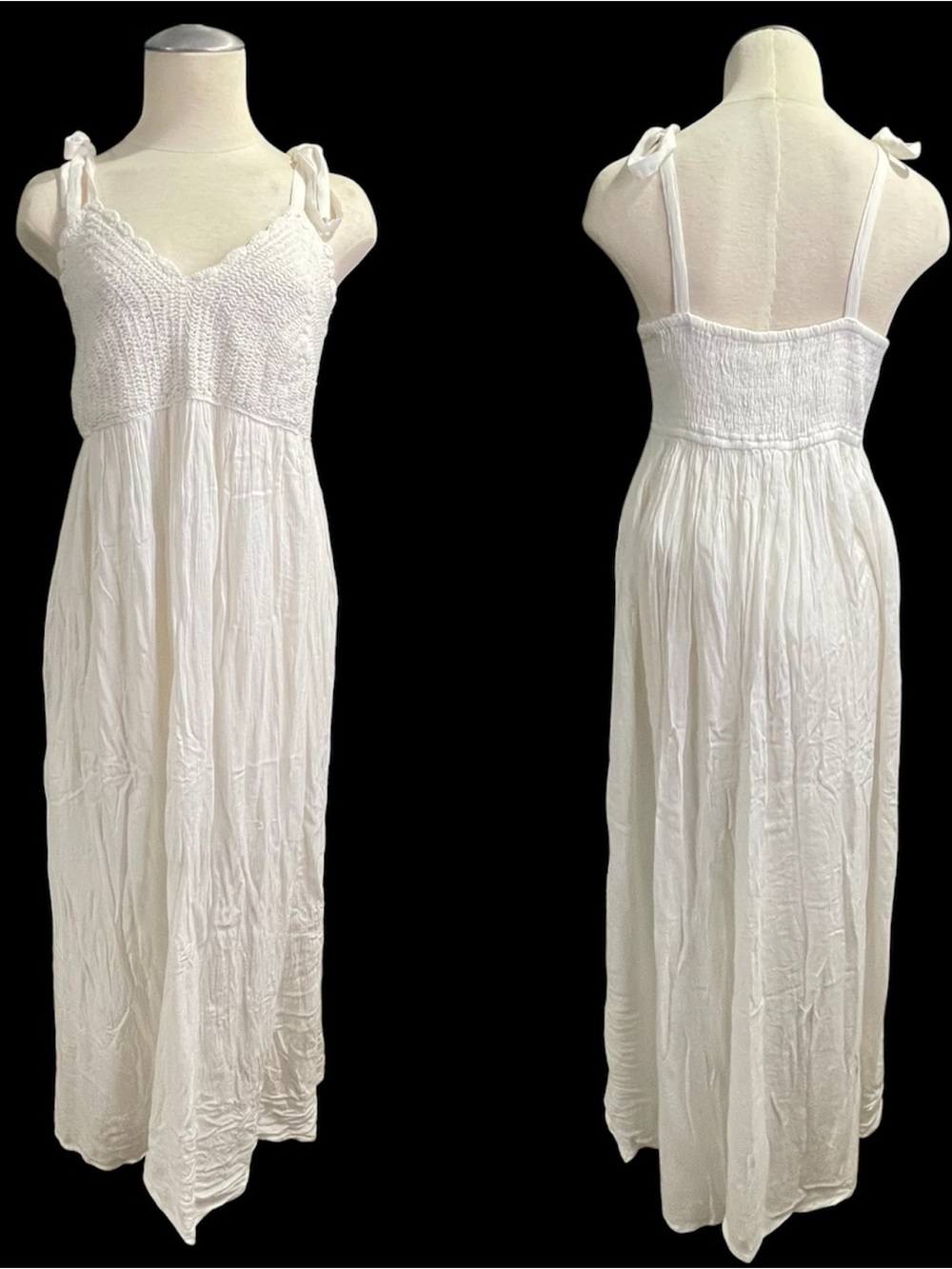 VTG Y2K Forever 21 White Cream Crochet Babydoll Maxi Lined Boho Beach Dress